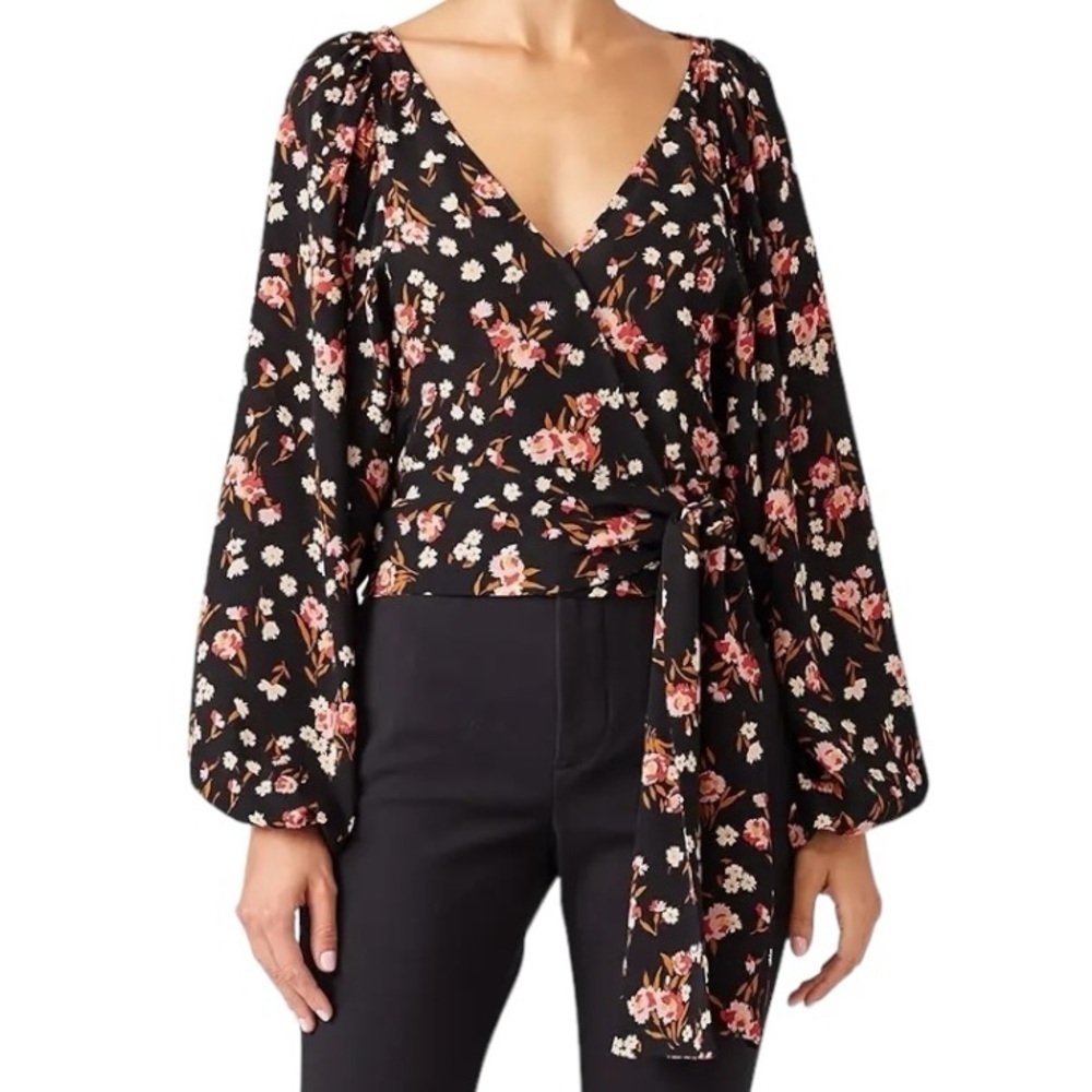 A.L.C. Carla Floral 100% Silk Wrap Crop Top Blouse Balloon Sleeves Black Small 6 - Picture 11 of 14